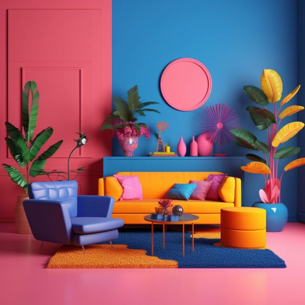 a brightly colored living room with a blue and yellow sofa and a pink wall. generative ai.