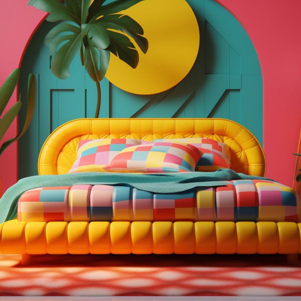 3d illustration of a fancy airbnb bed, in the style of pop art advertising, nickolas muray, reylia slaby, bold color-blocking, john wilhelm, candycore, vibrant, exaggerated scenes, shot Nikon D3500 --ar 4:3 --v 5.2 Job ID: 44f3fae9-5105-4b4e-85a7-fe8693335699